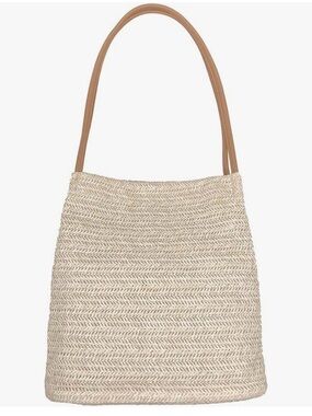 Woven Straw Beach Tote Bag with Tan Handles & Snap Button Closure